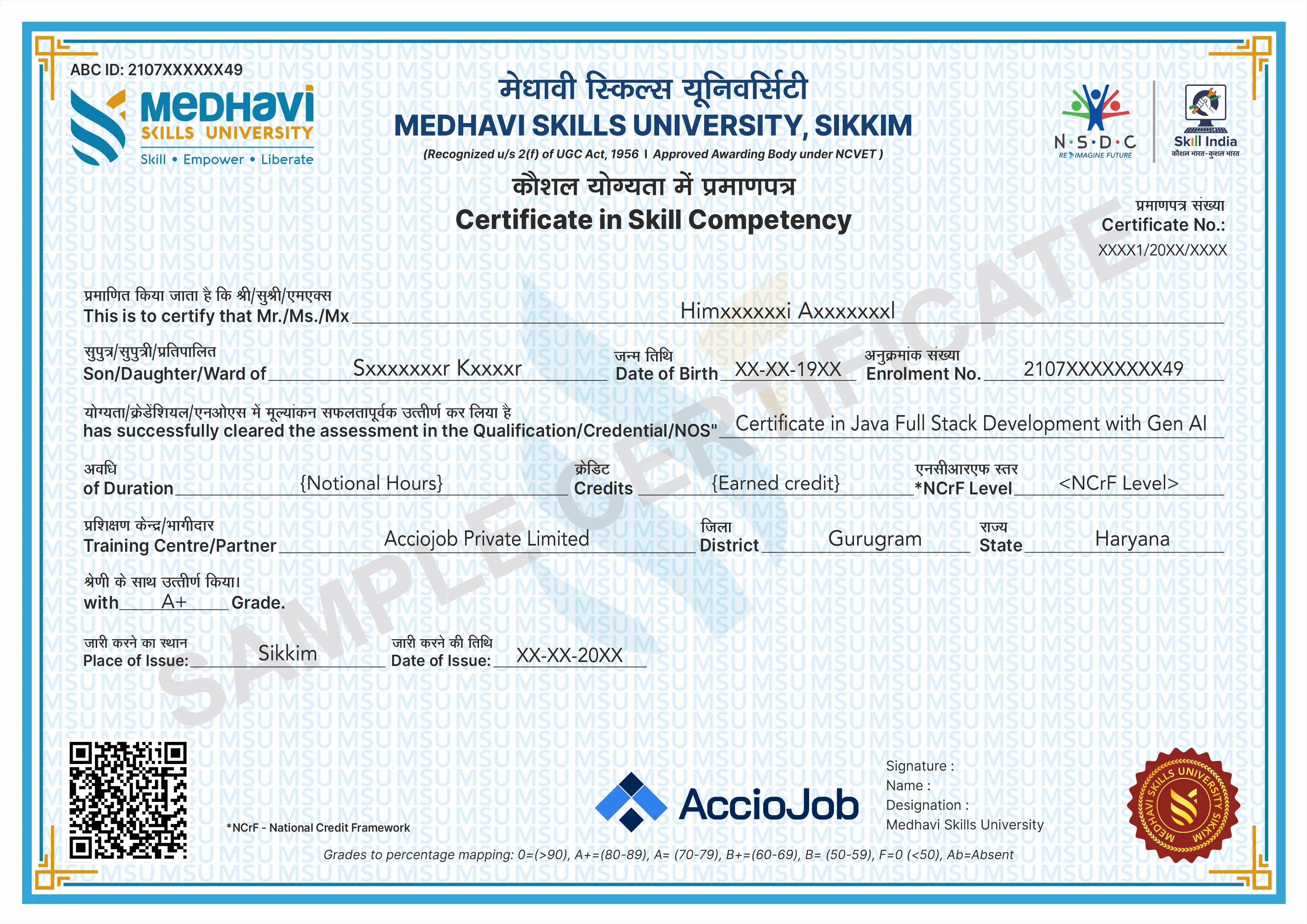 AccioJob & Skill India Madhavi Skills University certificate of completion