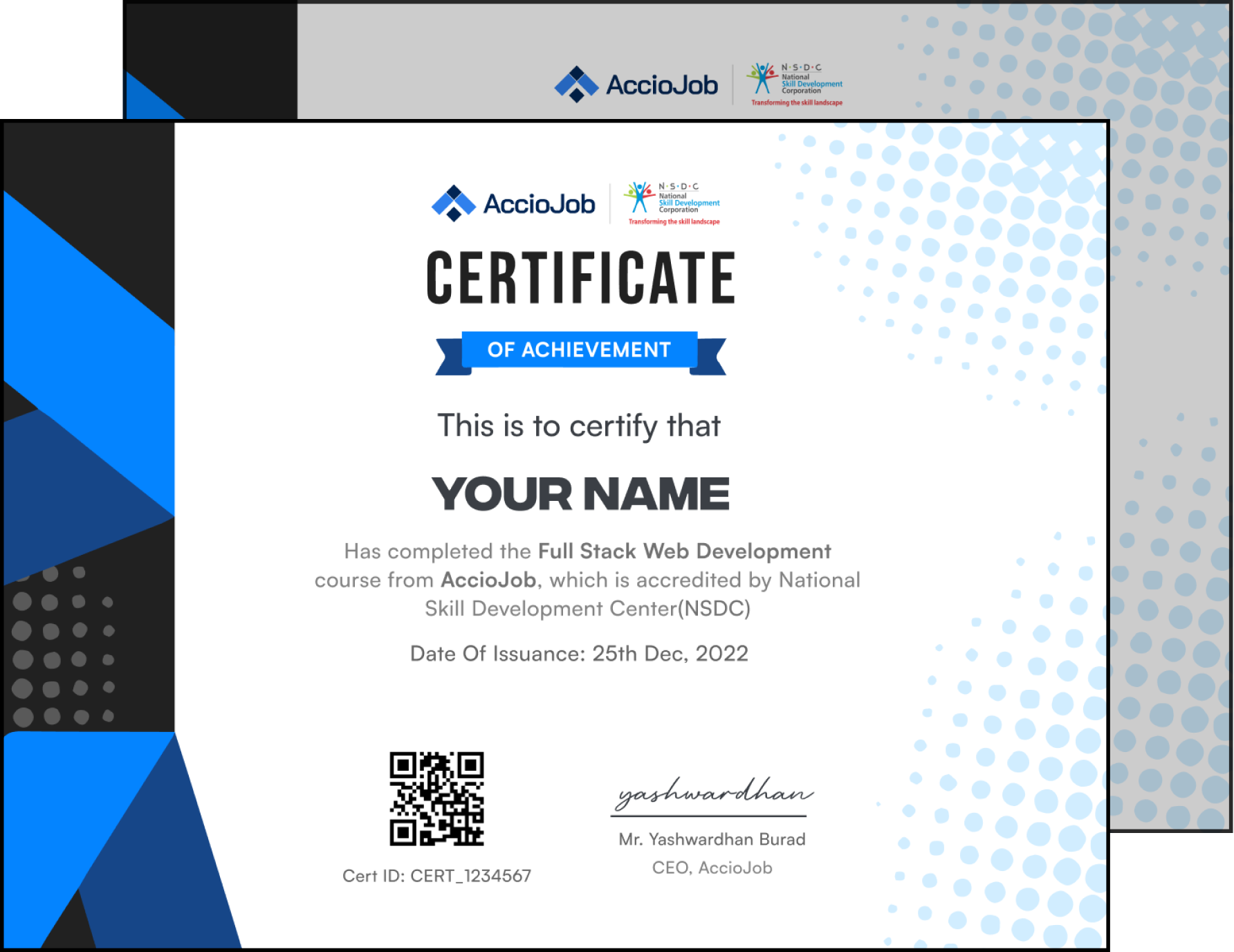 NSDC certified Full Stack Development course completion certificate - nationally recognized credential for comprehensive web development training in both MERN and Java technologies